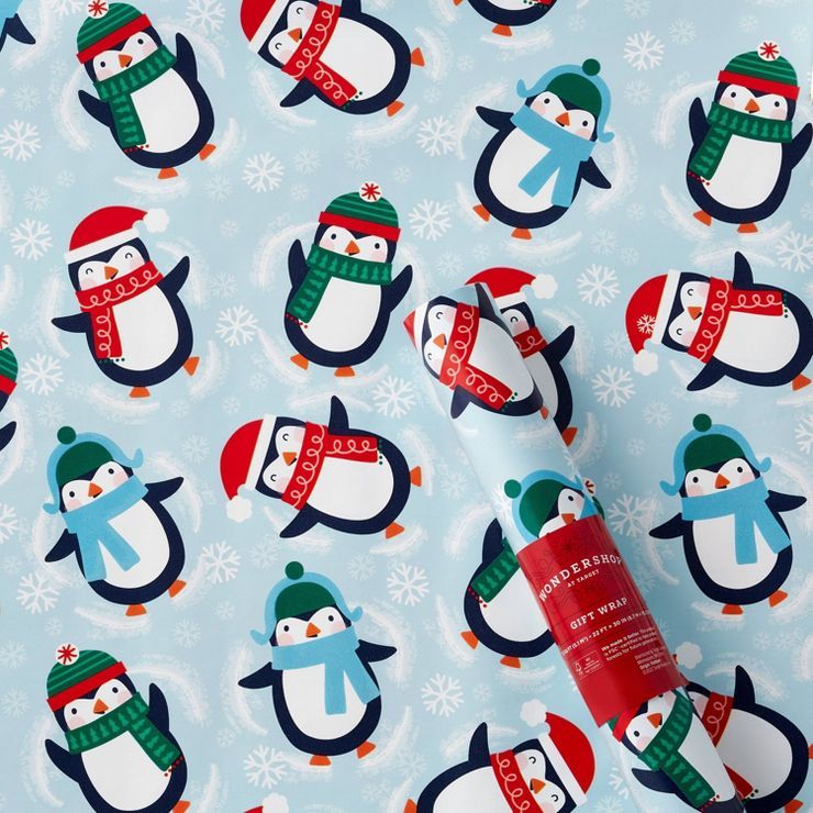 55 sq ft Penguin Snow Angels Gift Wrap Light Blue - Wondershop™ | Target