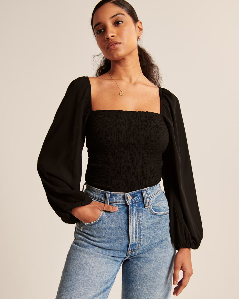 Women's Long-Sleeve Smocked Puff Sleeve Top | Women's Fall Outfitting | Abercrombie.com | Abercrombie & Fitch (US)