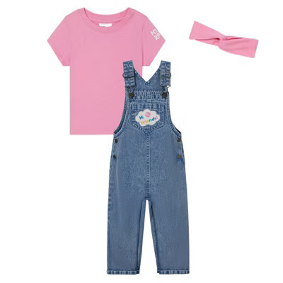 Ms. Rachel Toddler Girls Denim Square Neck Vintage Wash Cosplay Overall, T-Shirt and Headband 3 Piece Outfit Set Blue Denim / Pink 4T | Target