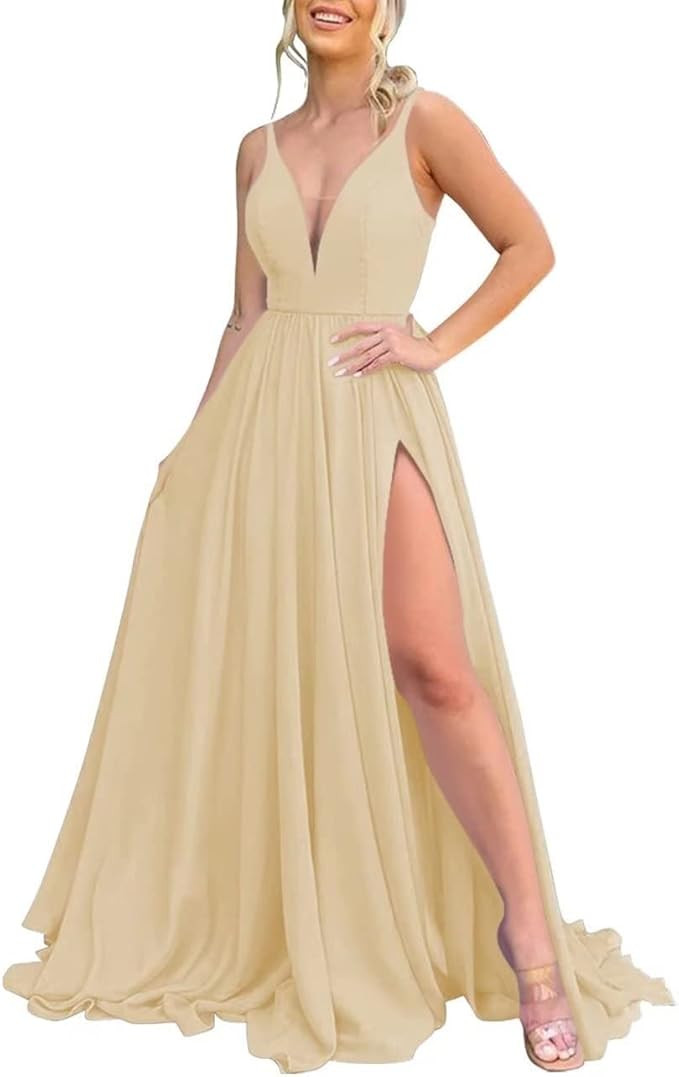Chiffon Bridesmaid Dresses for Wedding Spaghetti Strap Wedding Guest Dress with Slit V Neck Forma... | Amazon (US)