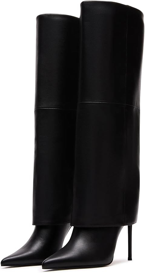 KaroNairy Fold Over Boots For Women Pointed Toe Knee High Boot Stiletto Heel Wide Calf Booties Long Boots Tall Boots | Amazon (US)