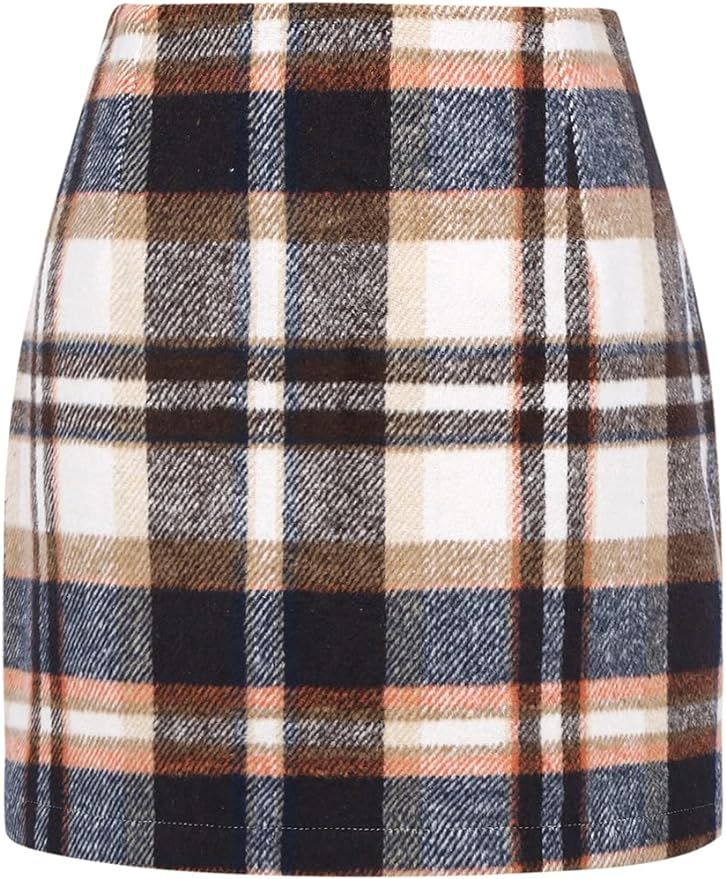 IDEALSANXUN Womens High Waist Plaid Skirt Bodycon Pencil Wool Mini Skirts | Amazon (US)