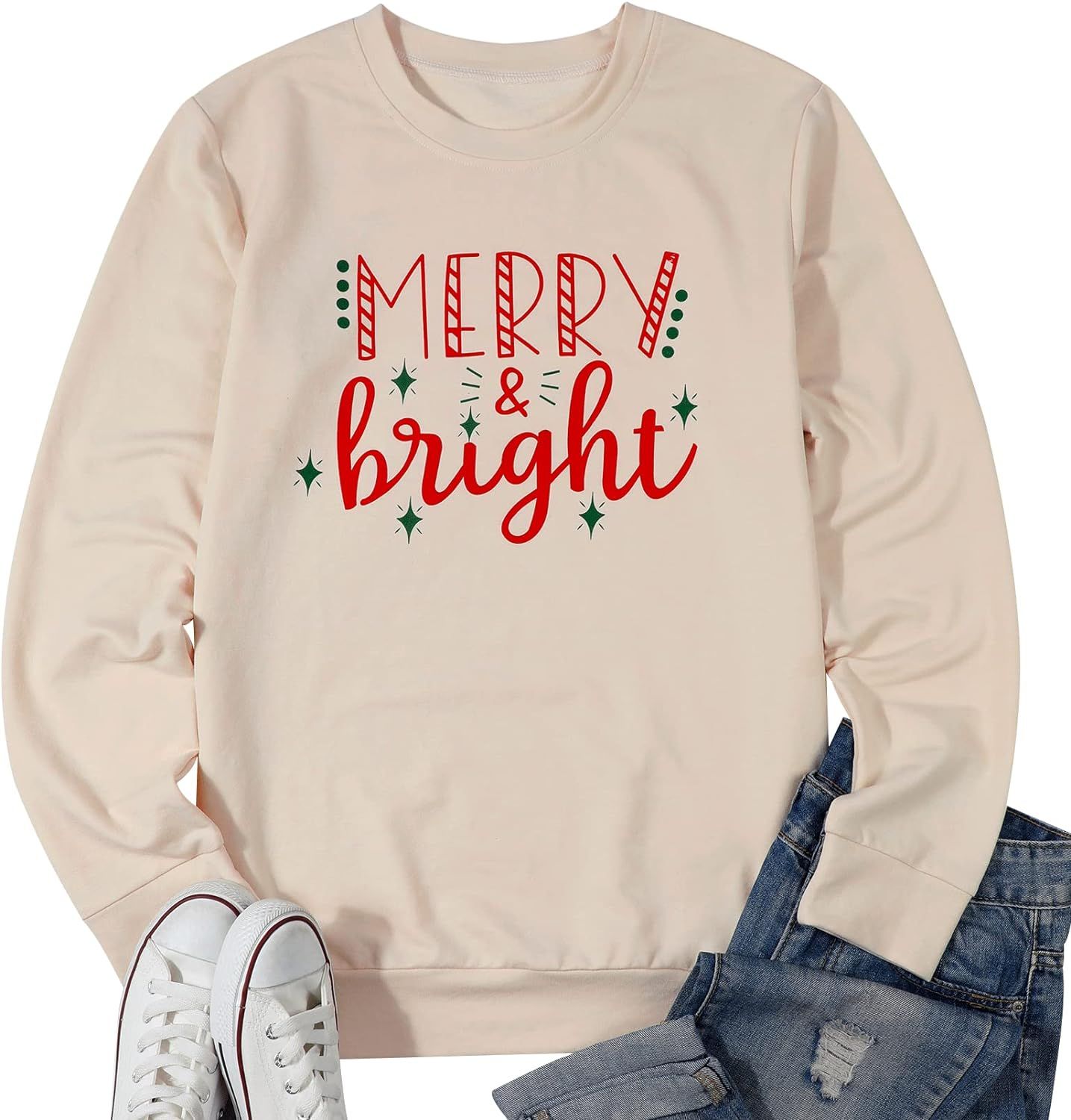 KIMSOONG Christmas Sweatshirt Women Merry and Bright Christmas Shirt Christmas Crewneck Pullover ... | Amazon (US)