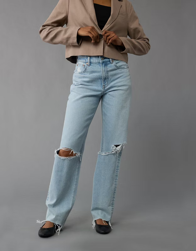 AE Strigid Ripped Super High-Waisted Baggy Straight Jean | American Eagle Outfitters (US & CA)