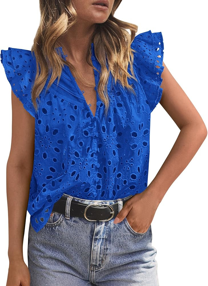 PRETTYGARDEN Womens Summer Tops 2025 Dressy Casual Ruffle Cap Sleeve Button V Neck Embroidered Ey... | Amazon (US)