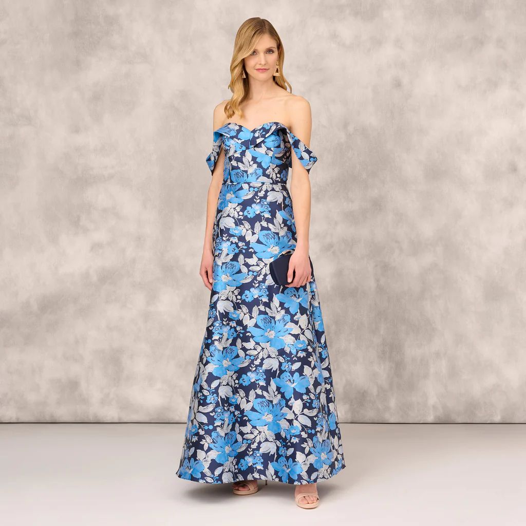 Off The Shoulder Floral Jacquard Gown In Blue Multi | Adrianna Papell