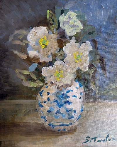 Reverie I in Brown and Blue- Dogwood Blossoms | Artfully Walls
