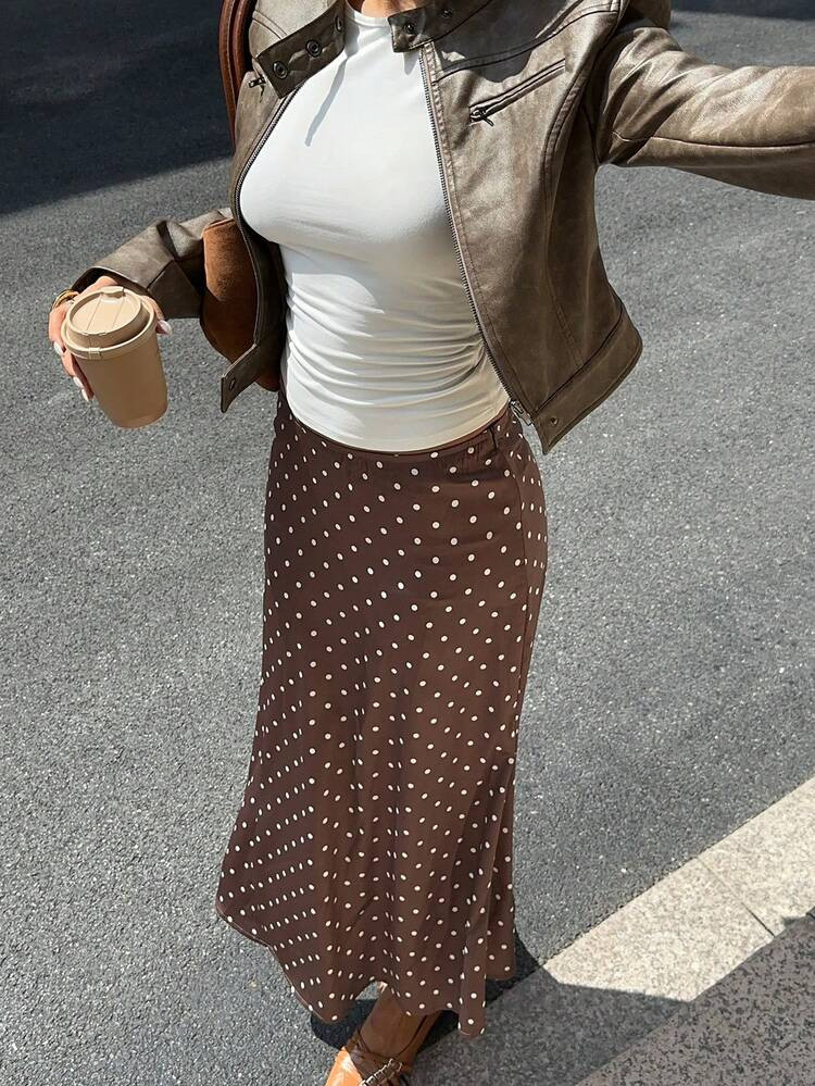 MainGRL Coffee Brown Satin Polka Dot Mermaid Hem Elegant Long Skirt For Women,,New Year Women's Clothes, Party Outfit | SHEIN