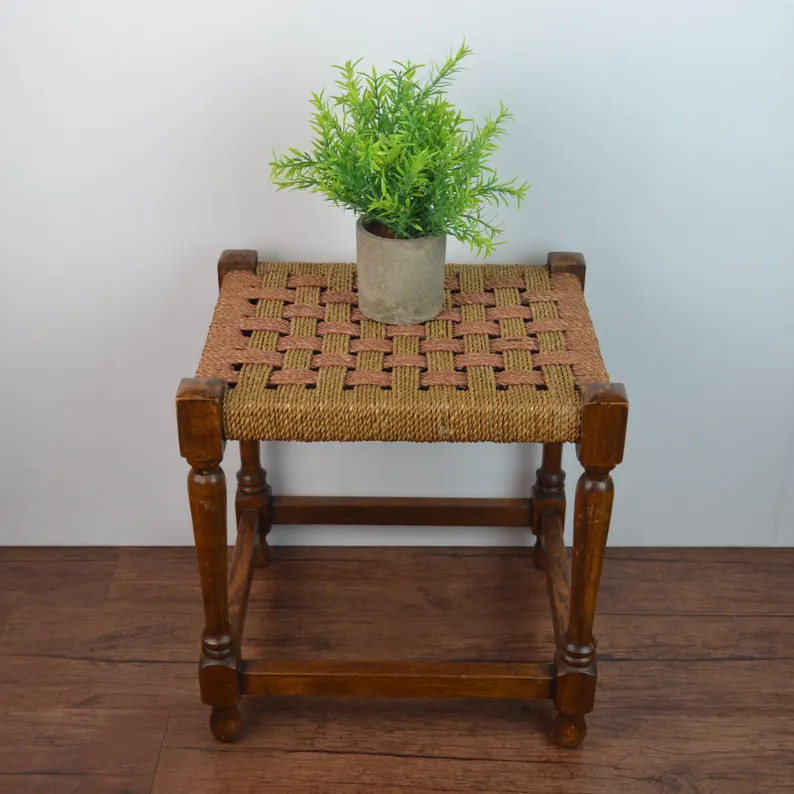 Vintage Mid Century Rush Stool With Turned Wood Legs | Etsy (US)