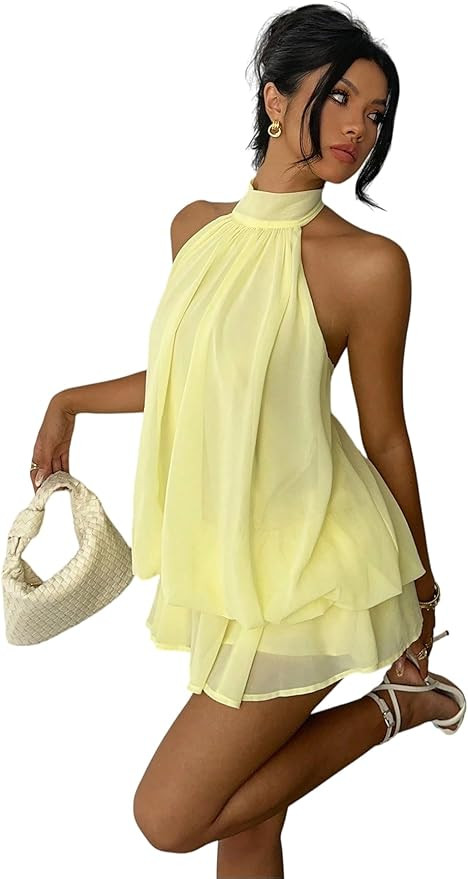 Women's Mini Backless Halter Flowy Summer Dress Ruffle Sleeveless Short Sundess A Line Cute Dress... | Amazon (US)