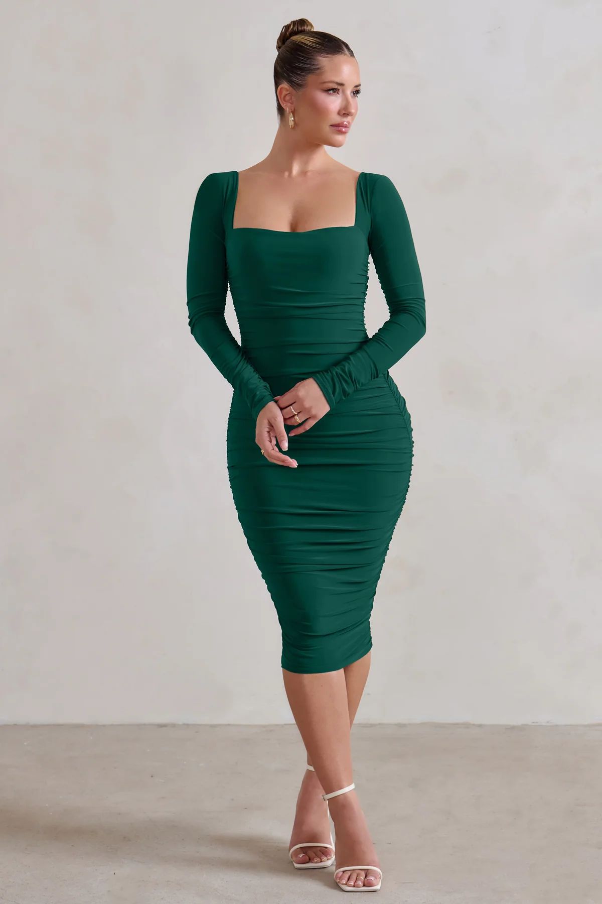 Seductress | Bottle Green Square Neck Bodycon Midi Dress With Long Sleeves | Club L London