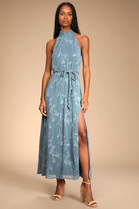 Breath of Spring Slate Blue Jacquard Halter Maxi Dress | Lulus (US)