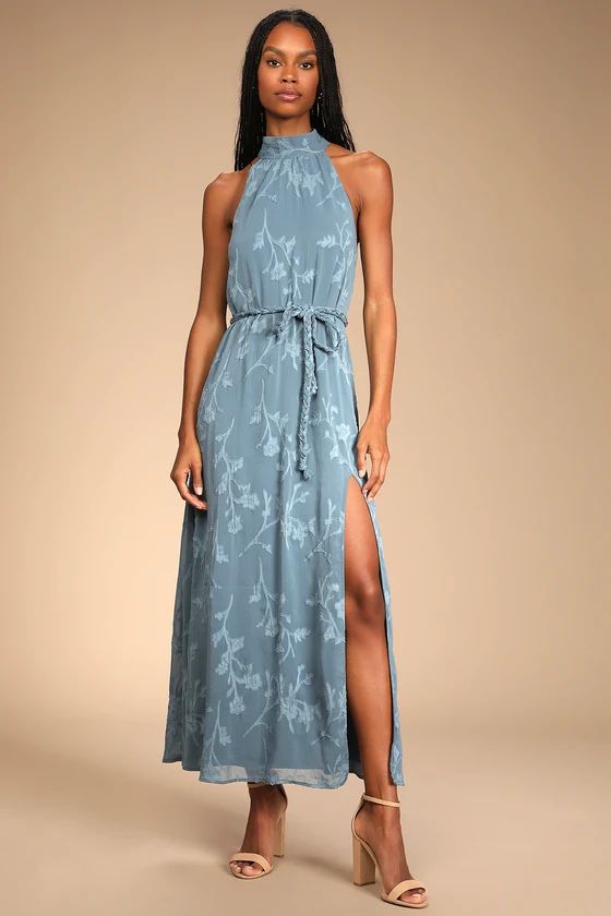 Breath of Spring Slate Blue Jacquard Halter Maxi Dress | Lulus (US)