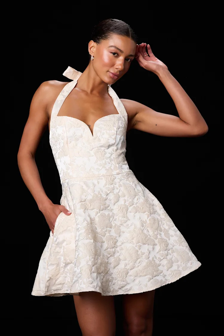 Dina Ivory Floral Jacquard Halter Mini Dress | Lulus