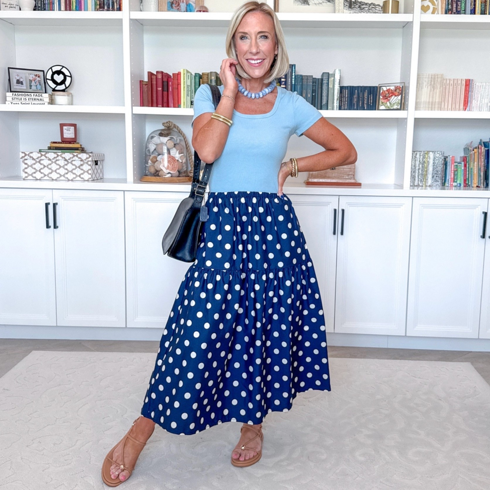 One polka skirt - styled 8 ways: • Midi skirt - size XS. Not lined but not see through. Elastic waistband and pockets!  Blue top - size Small.

#LTKootd #LTKSeasonal #LTKOver40