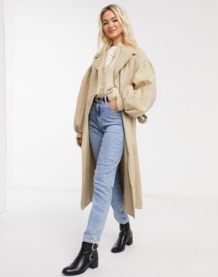 ASOS DESIGN extreme sleeve trench coat in stone | ASOS (Global)