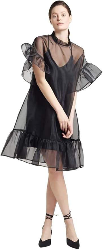 Women's Black Organza Mini Dress Sheer Ruffle Sleeve Overlay, High Neck, A-Line Party Dress | Amazon (US)