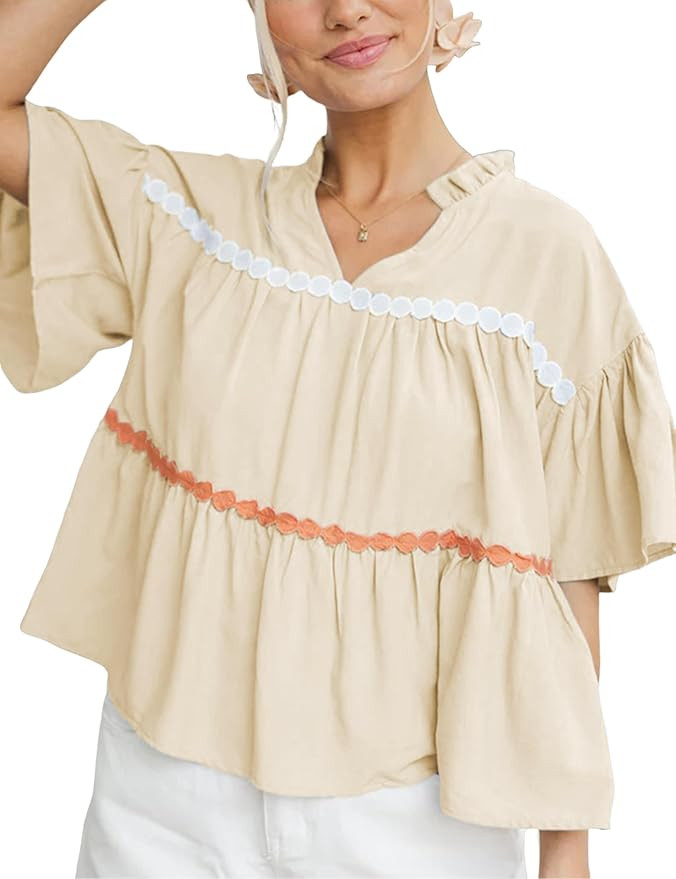 APAFES Womens Summer Babydoll Tops Cute V Neck Short Sleeve Shirts Loose Fit Peplum Blouse | Amazon (US)