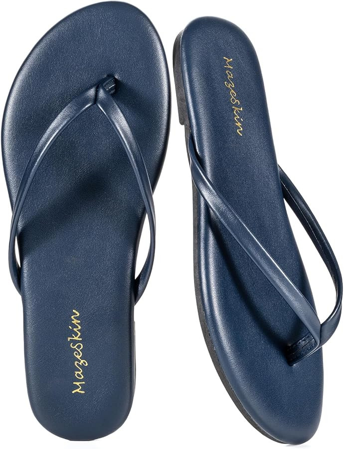 mazeskin Women's Memory Foam Comfortable Flat Thong Sandals Dressy Summer Beach Leather Slide Fli... | Amazon (US)