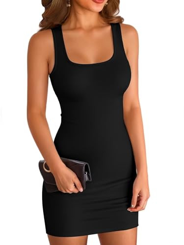 VICHYIE Summer Dress for Women Square Neck Casual Bodycon Ribbed Sleeveless Mini Pencil Slim Fitted Dress Tank Dresses Black L | Amazon (US)