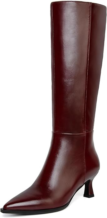 Kitten Heel Knee High Boots Women-Pointed Toe Faux Leather Stiletto Side Zipper Long Tall Dress B... | Amazon (US)