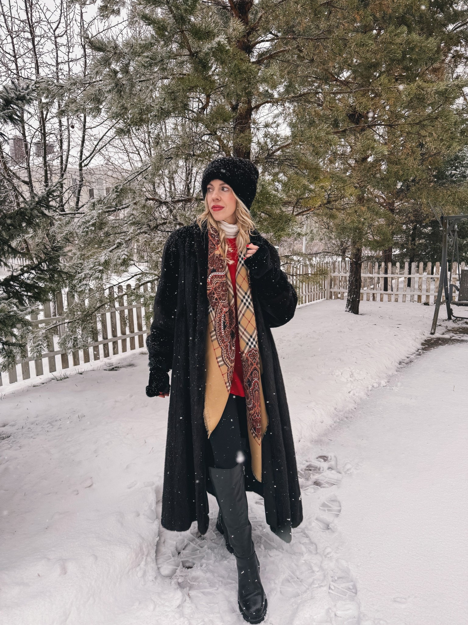 Holiday outfit idea, Christmas market outfit, vintage mink fur coat, plaid Burberry scarf, red sweater, Spanx leggings, tall lug sole riding boots, fingerless fur mittens 

#LTKHoliday #LTKSeasonal #LTKFindsUnder100