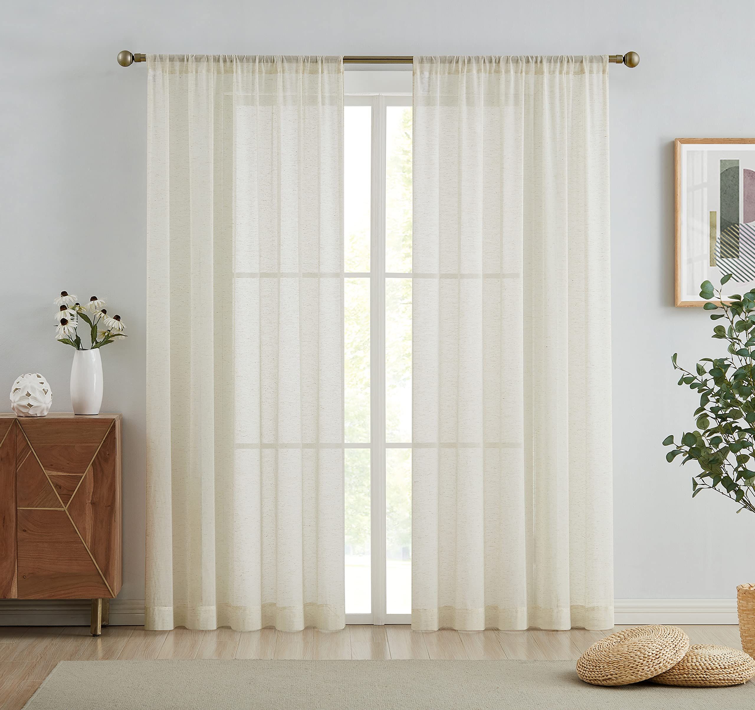 Natural Linen Textured Sheer Curtains for Living Room，Light Filtering Window Drapes Semi Sheer Rod P | Amazon (US)