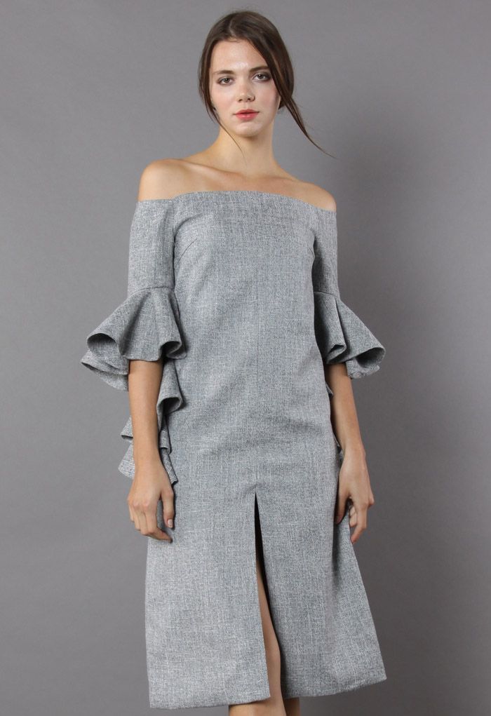 Classy Grey Twill Dress with Frilling Sleeves | Chicwish