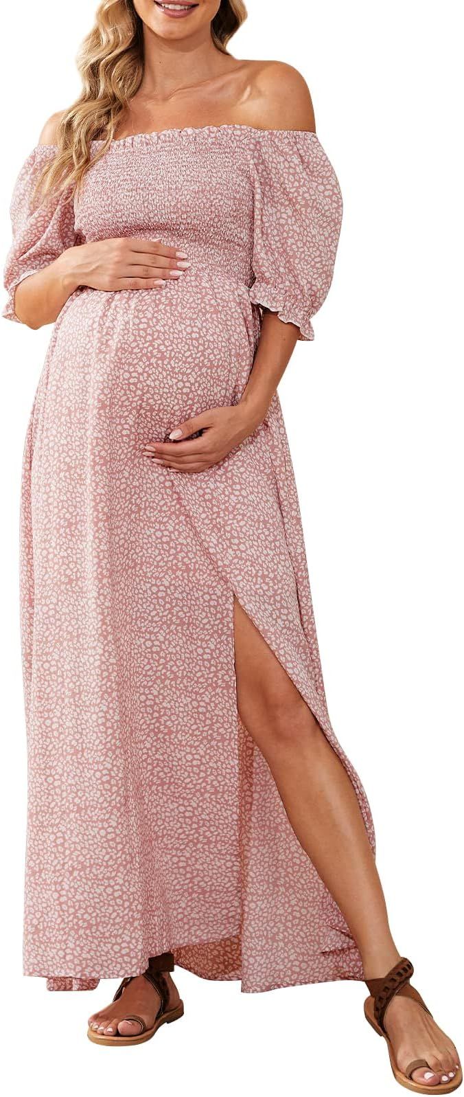 Floral Maternity Dress for Photoshoot Baby Shower, Square Neck Puff Sleeve Maternity Boho Smocked... | Amazon (US)