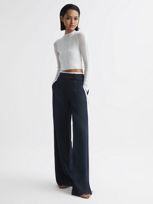 Reiss Navy Lina Petite High Rise Wide Leg Trousers | Reiss UK