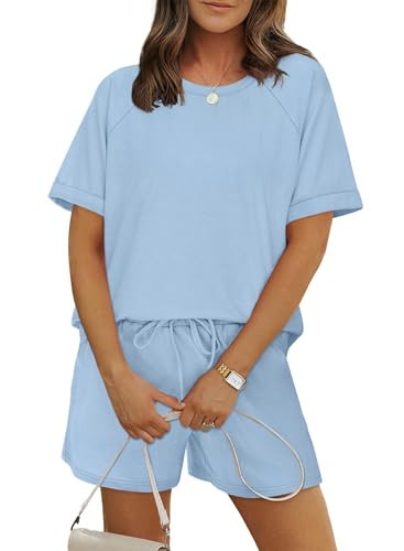 WIHOLL Two Piece Sets for Women 2 Piece Lounge Sets Summer Outfits Short Sleeve Tops and Shorts Casual Sweatsuits Matching Set Women Clothing Fashion Travel Outfits Blue 2XL | Amazon (US)
