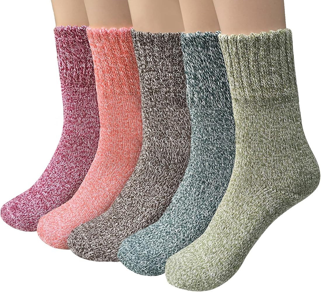 YSense Pack of 5 Womens Wool Socks Winter Warm Hiking Socks Casual Calf Athletic Socks Gifts | Amazon (US)