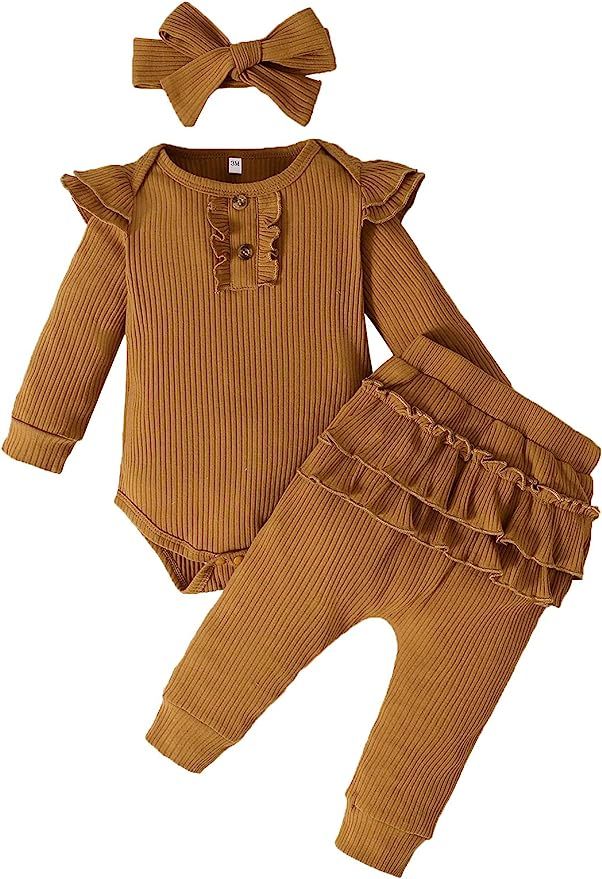 Danna Belle Newborn Baby Girls Fall Ruffle Sleeve Romper Pant Set Outfits 0-24M | Amazon (US)