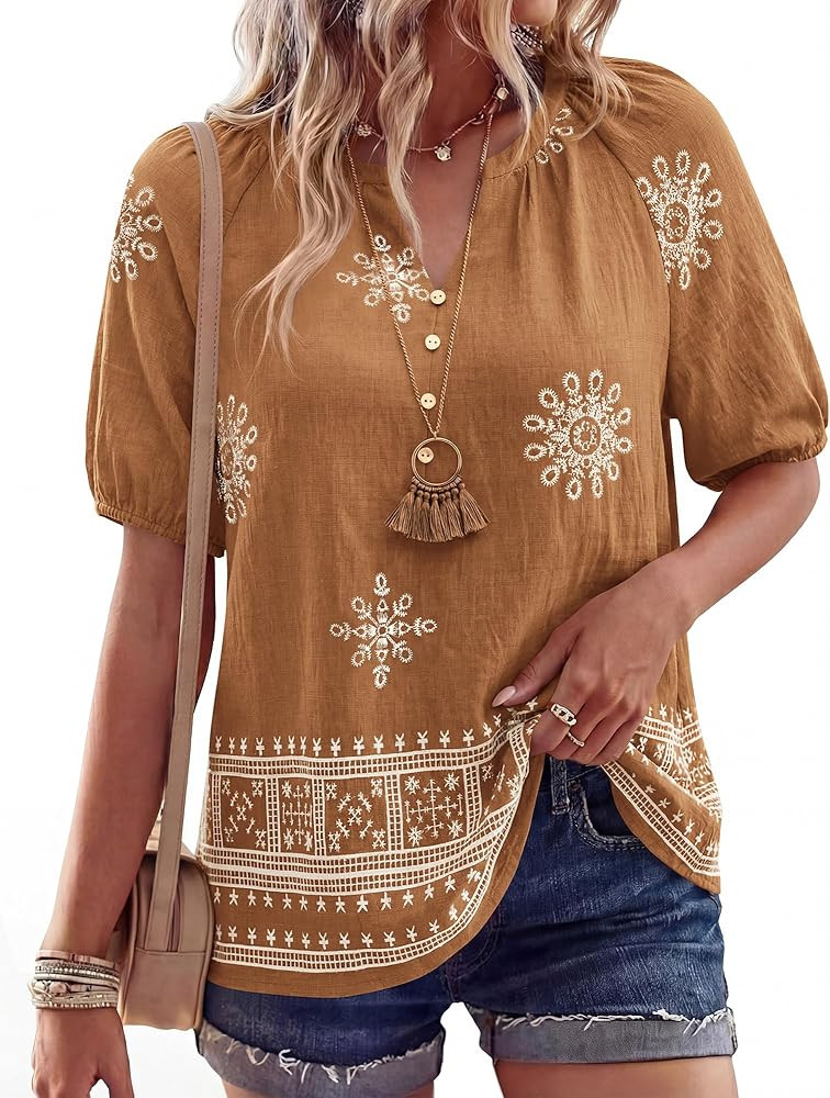 BTFBM Womens Summer Boho Tops Casual V Neck Short Sleeve Blouses Floral Print Shirt Tie Front Bea... | Amazon (US)