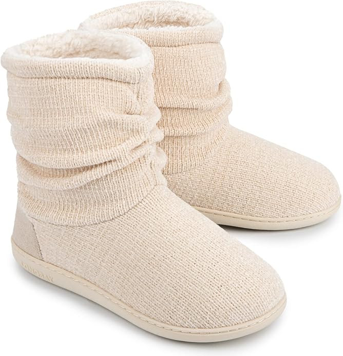 LongBay Women's Chenille Knit Bootie Slippers Cute Warm Plush Fleece Memory Foam House Shoes | Amazon (US)