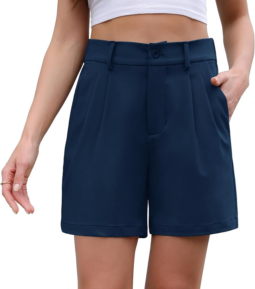 Womens Summer High Waisted Shorts Work Casual Button Pleated Wide Leg Dressy Trouser Shorts with ... | Amazon (US)