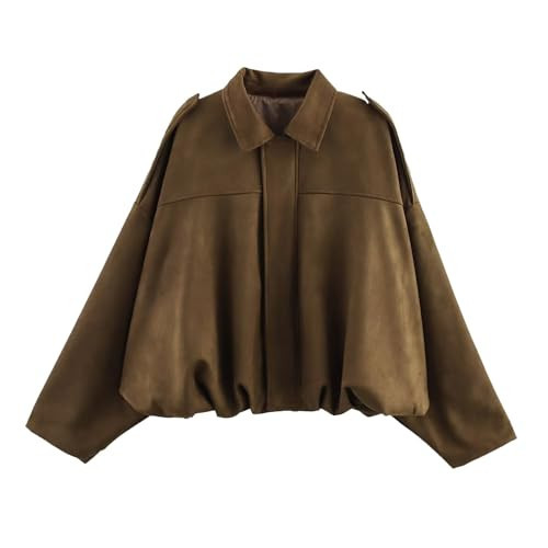 Talakeno Womens Faux Suede Bomber Jacket Casual Lightweight Batwing Long Sleeve Oversized Coat Streetwear Outfits(Brown,S) | Amazon (US)