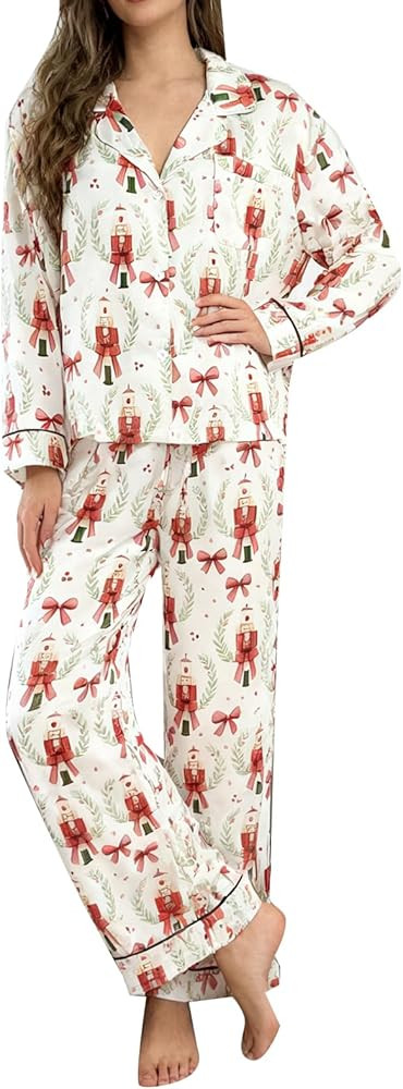 Amiblvowa Women Christmas Pajamas Nutcracker Santa Bow Xmas Tree Cute Satin Christmas Pjs Set 2 P... | Amazon (US)
