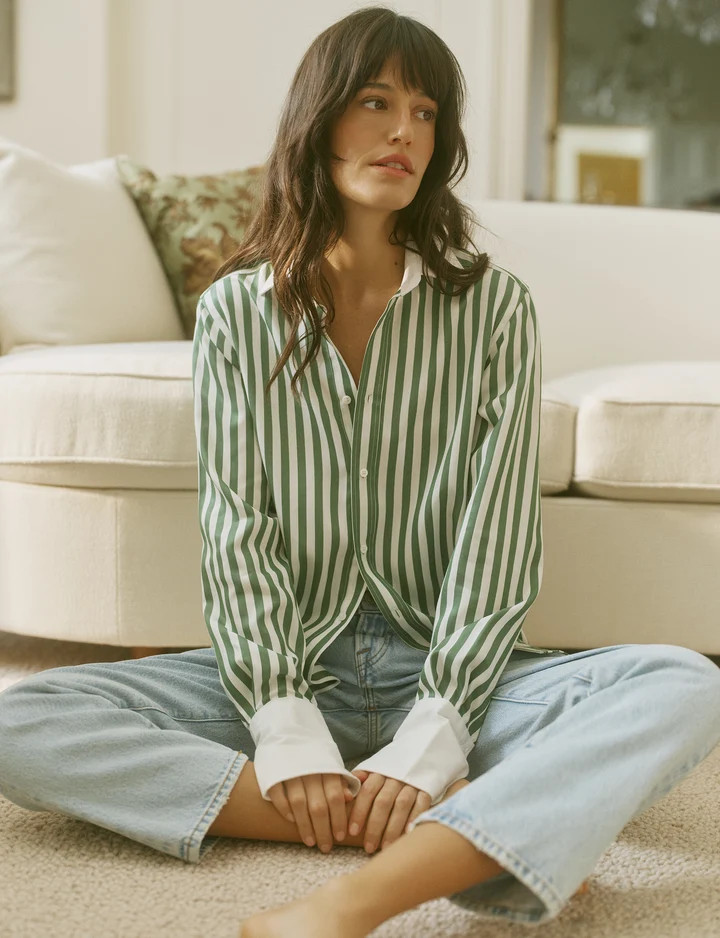 The Boyfriend Contrast Exaggerated Cuff: TENCEL™ Lyocell, Forest Green Stripe | With Nothing Underneath