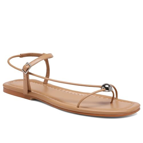 VOMIYALL NUDE Flat Sandals for Women with Buckle Strappy Comfortable Silver Ball Square Open Toe Beach Thong Flip Flop Sandals Ring Toe Wedding Dress Shoes for Women. | Amazon (US)