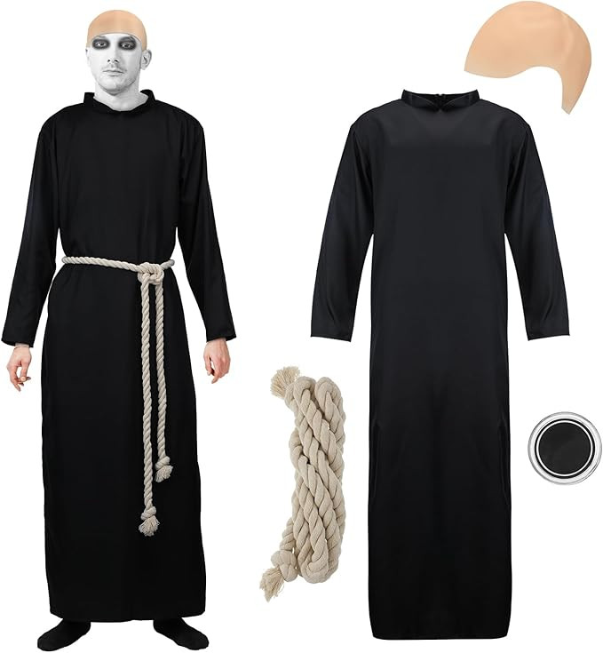 Mepase Set of 4 Halloween Black Uncle Fester Costume Set with Tunic Hooded Robe Cord Belt Latex B... | Amazon (US)