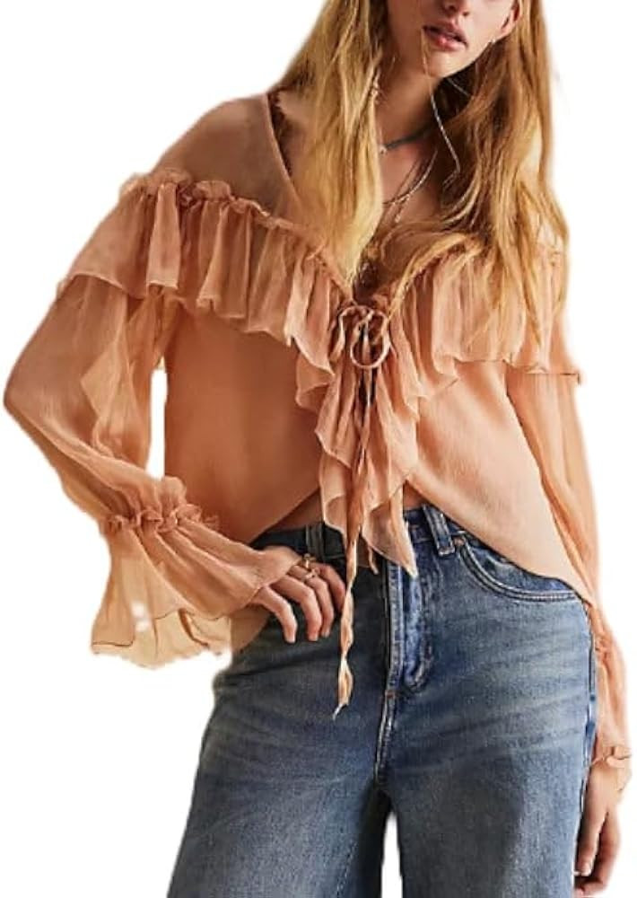 Boho Lace Bow Tie Front Top for Women Cute Sheer Ruffle Flowy Long Sleeve Shirts Coquette V Neck ... | Amazon (US)