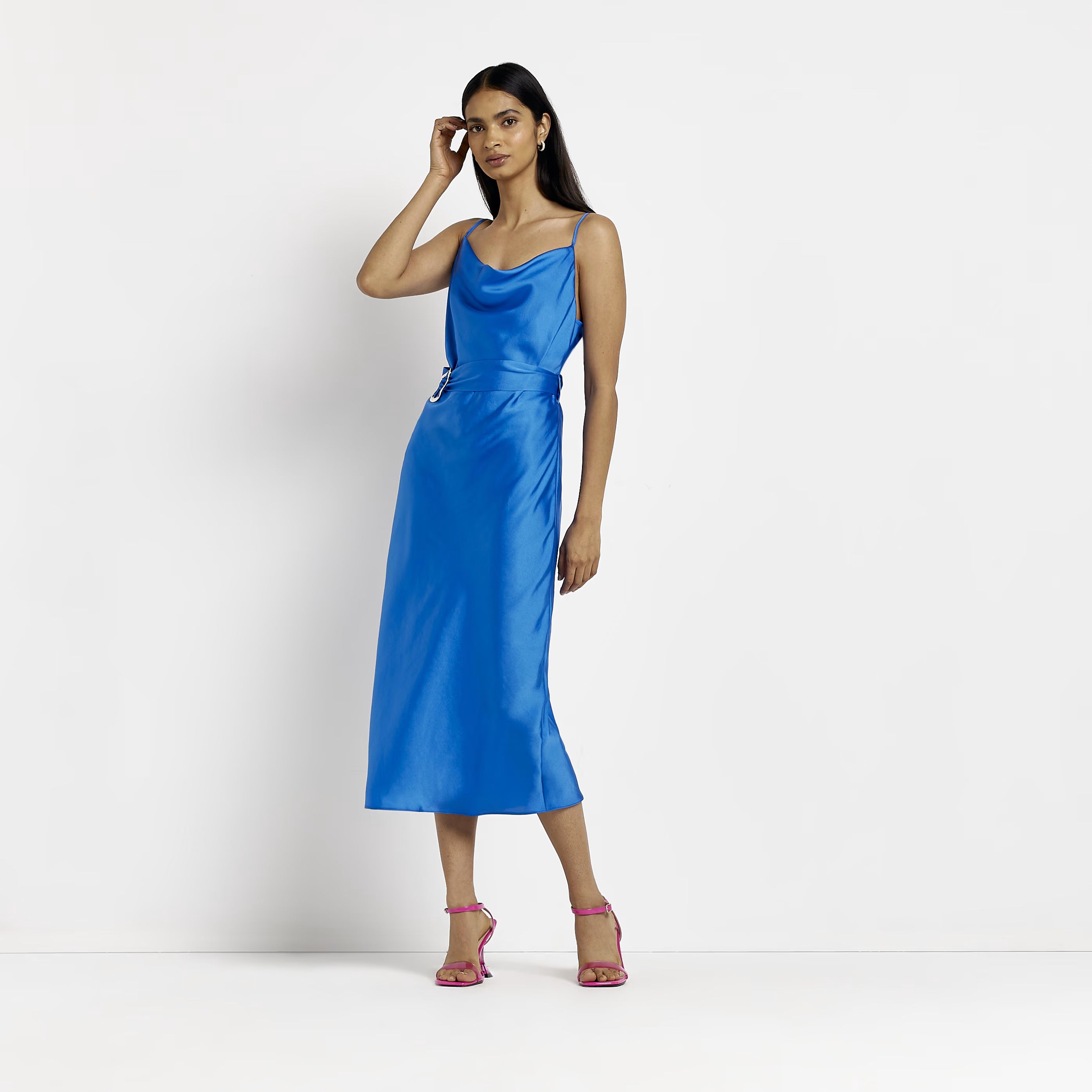 River Island Womens Blue Satin Belted Slip Midi Dress | River Island (UK & IE)