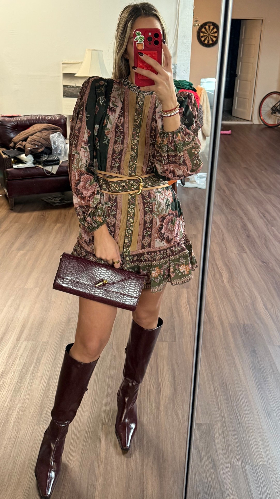 Favorite fall outfit yet! Fall floral dress, maroon heeled knee high boots, Amazon bag. Bottega dupe bag from Amazon in all the colors. Fall outfit inspo. Amazon finds. 

#LTKStyleTip #LTKItBag #LTKSaleAlert