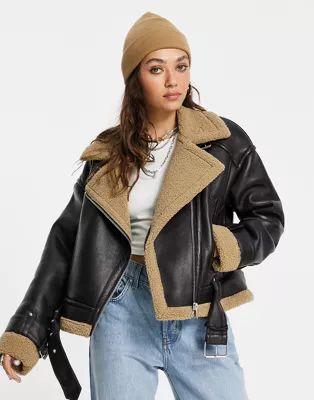 Topshop faux shearling aviator jacket with borg lining in brown | ASOS (Global)