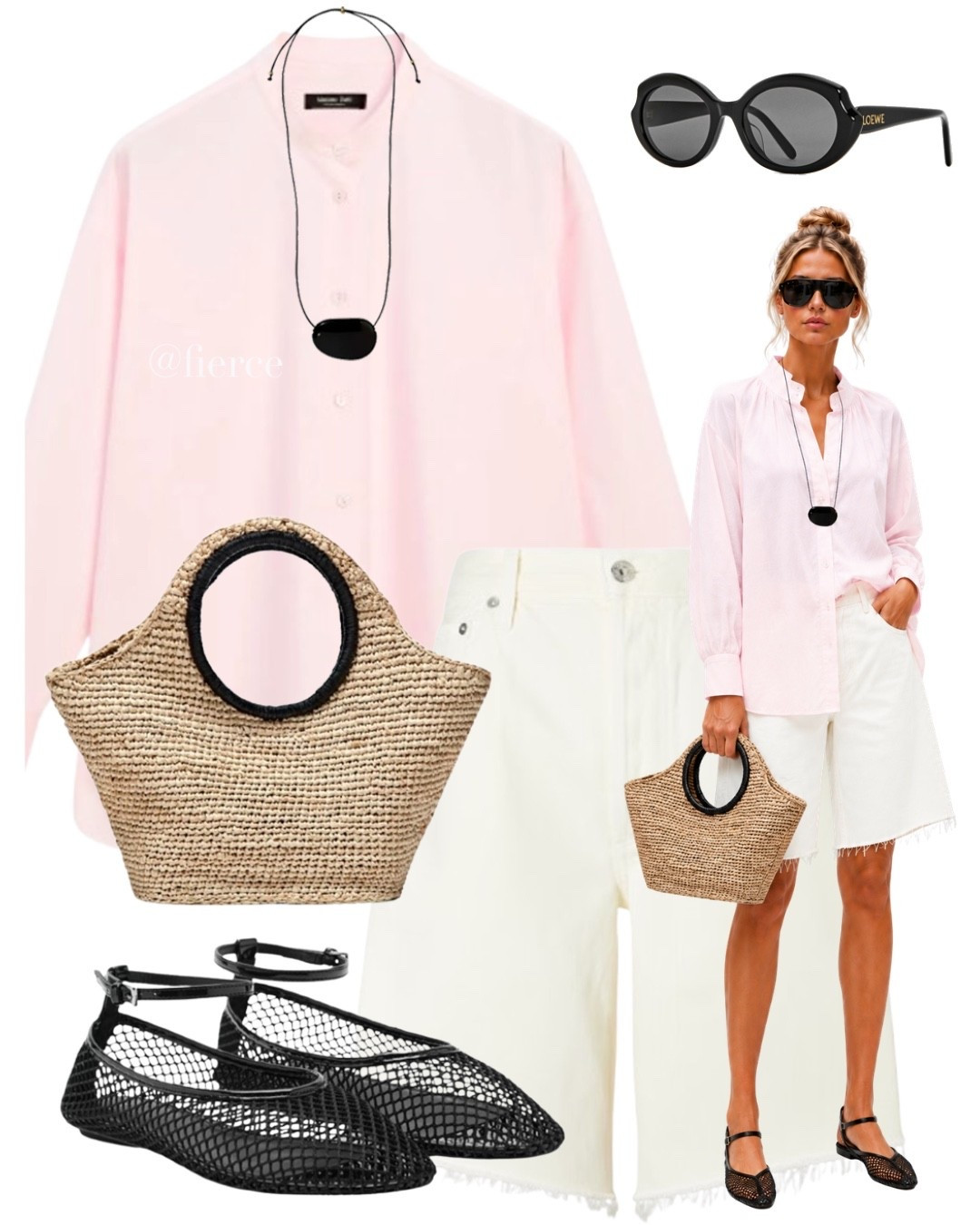 Pink shirt white denim Bermuda shorts fishnet flats

#LTKuk #LTKsummer #LTKeurope