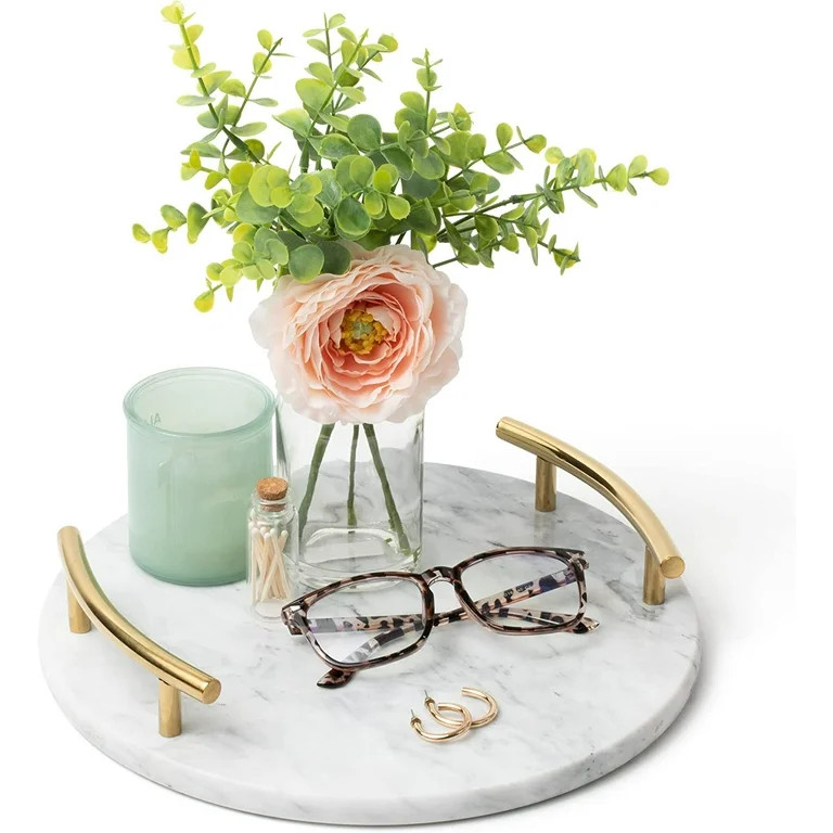 White Marble Tray with Gold Handles - Marble Perfume Tray for Vanity - Round Decorative Tray (Rou... | Walmart (US)