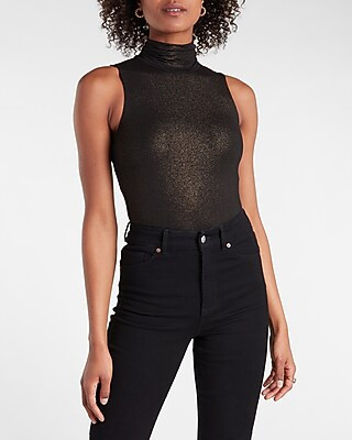 Metallic Mock Neck Sleeveless Thong Bodysuit | Express