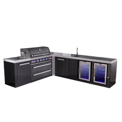 Mont Alpi Mai805-Bss90Bevfcxl 6-Burner 94"X113" L-Shaped Black Stainless Steel Outdoor Kitchen Island Bbq Gas Grill + Beverage Center Sink & Faucet + | Wayfair North America
