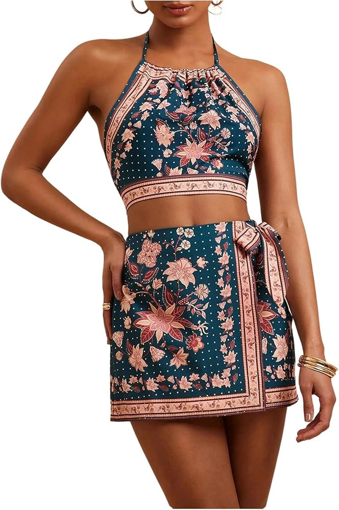 Women's Boho Outfits 2 Piece Floral Crop Halter Tops with Wrap Skorts Vacation Clothing Set | Amazon (US)